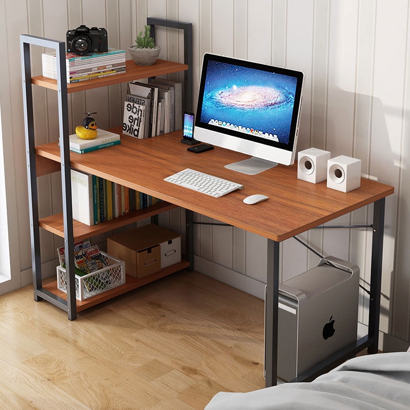 Computer Desk with Shelves Writing Study Desk with Monitor Stand Shelf/Bookshelves/CPU Stand,Modern Study Table Stable Metal Frame Student Desk for Small Space Home Office Workstation Walnut
