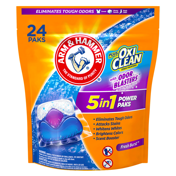 Arm & Hammer Plus OxiClean With Odor Blasters UNIT DOSE LAUNDRY DETERGENT 5-IN-1- Power Paks, 24CT (Packaging may vary)