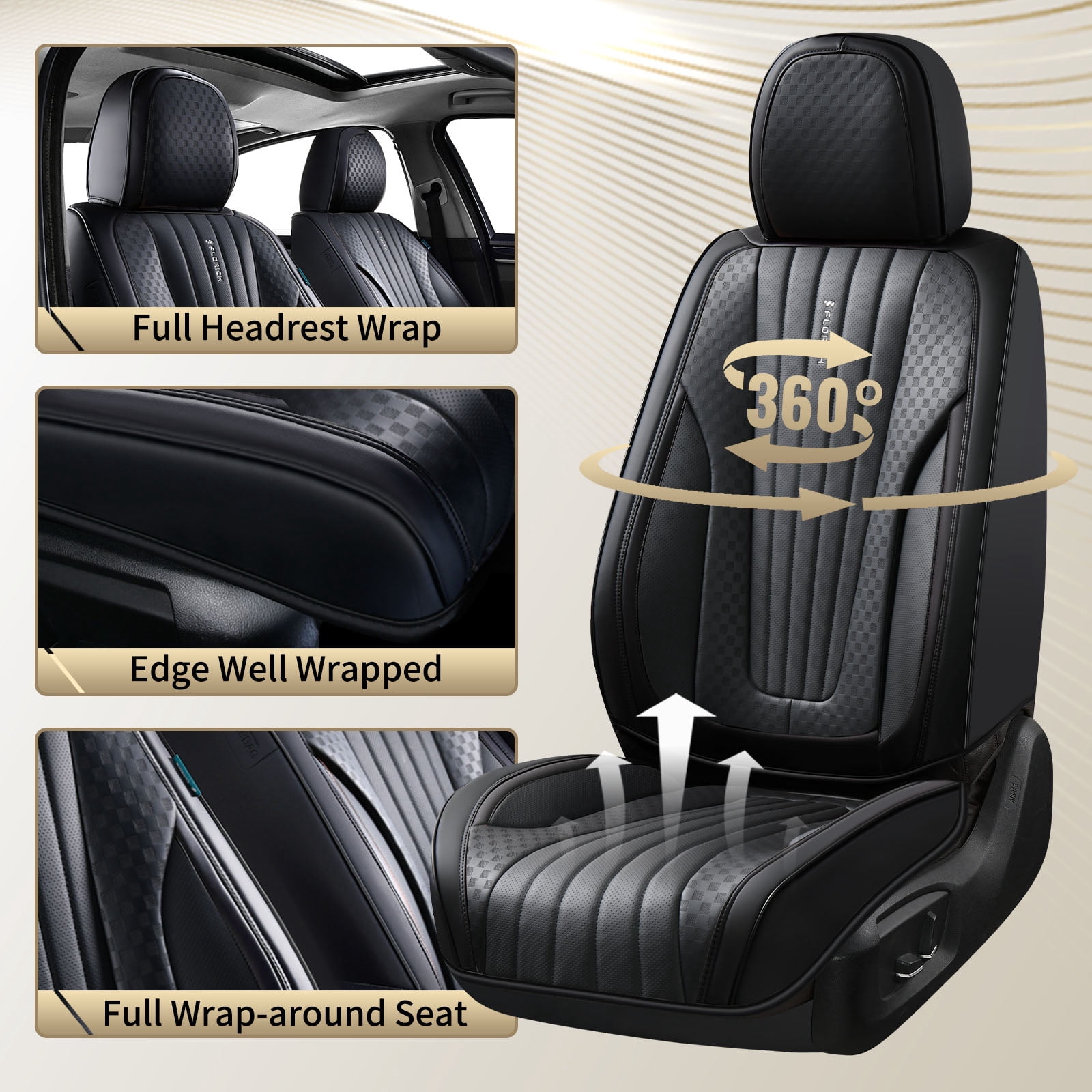 FLORICH Car Seat Covers, 2 Seats Waterproof Faux Leather Seat Cushions, Auto Protectors Universal Fit Most Cars, Black