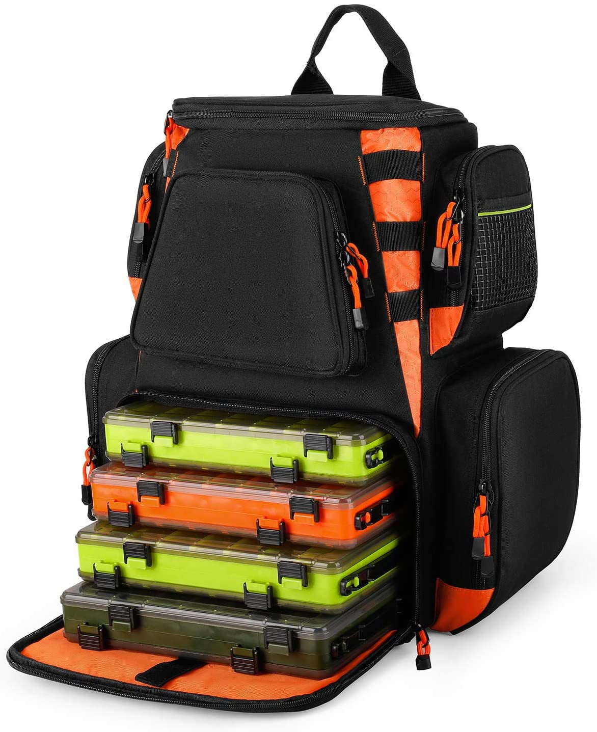 Fishing Tackle Backpack with 4 Trays Tackle Boxes, Storage Bag 25L Water  Resistant with 2 Rod Holders and Protective Rain Cover (Black and Orange) 