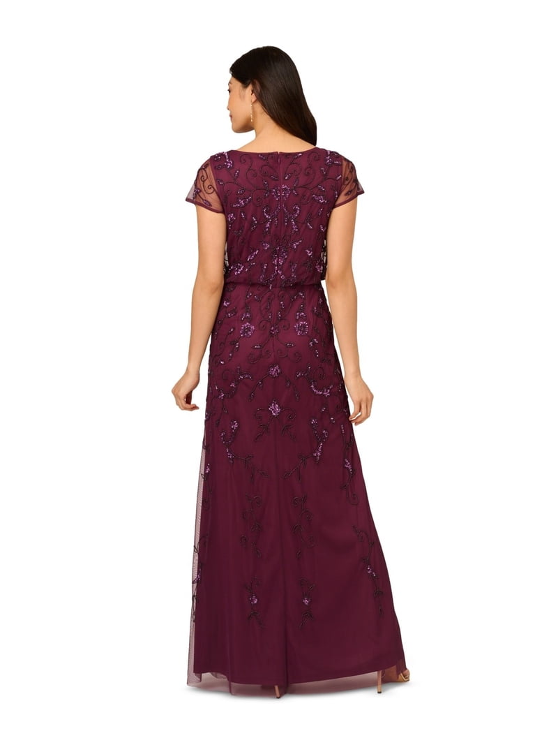 princess polly baby blue dress Adrianna Papell CASSIS Women's Boat-Neck Short-Sleeve Beaded Blouson Gown,  US 14