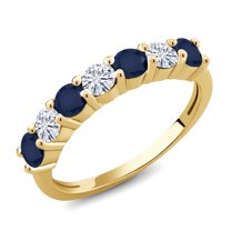 Gem Stone King 18K Yellow Gold Plated Silver Round Sapphire Moissanite Anniversary Ring for Women (1.36 Cttw, Gemstone Birthstone, Size 8)