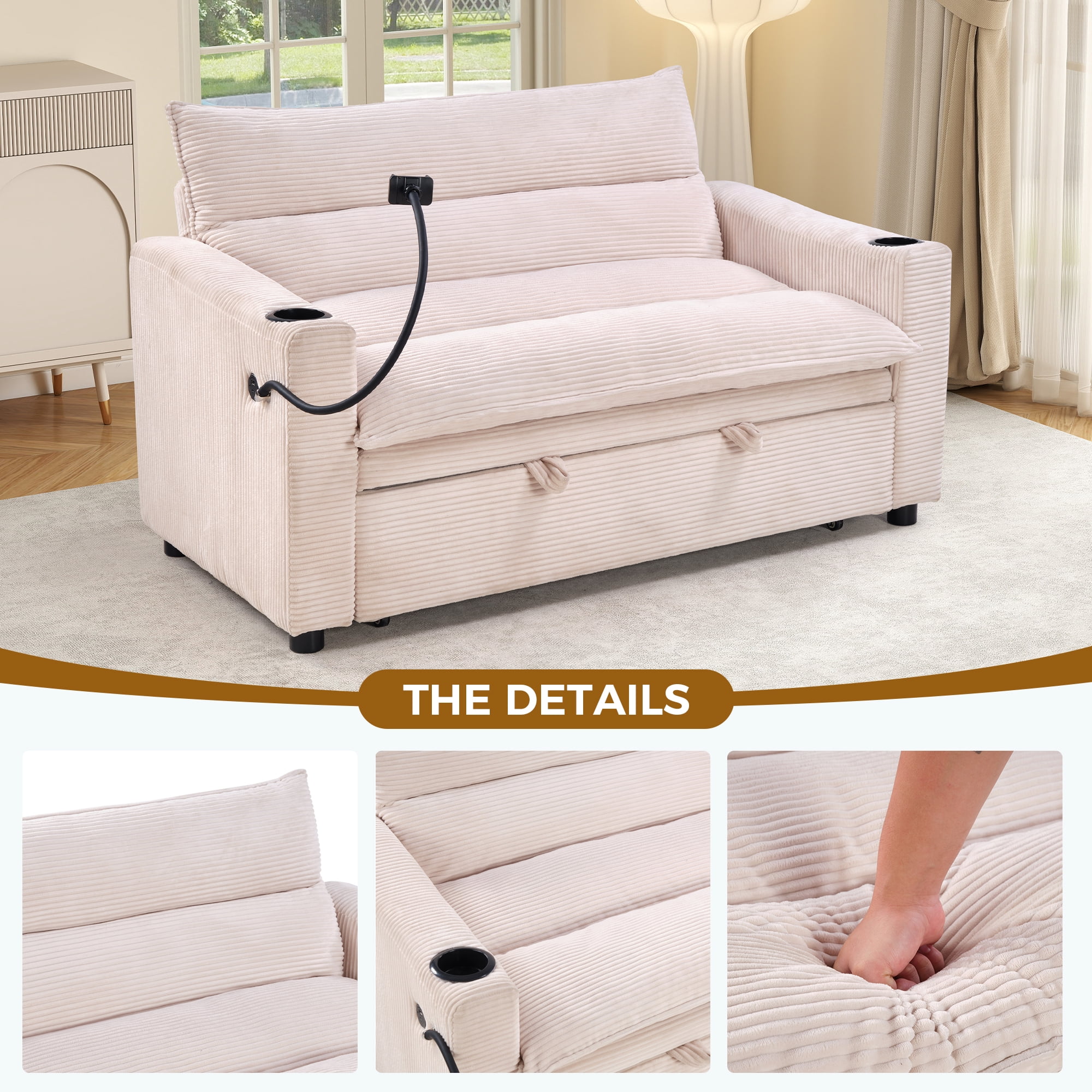 Ebello 3-in-1 Sleeper Sofa Bed, Corduroy Convertible Pullout Futon Couch with Adjustable Backrest, Phone Holders & USB Ports for Apartment, Small Space, 2-Seat(Beige)