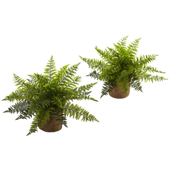 Nearly Natural 15" Ruffle Fern Artificial Plant with Burlap Base (Set of 2), Green
