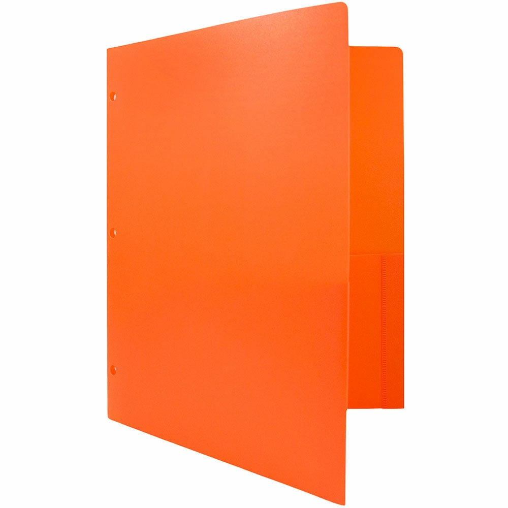 JAM Paper Heavy Duty Plastic 3 Hole Punch Pocket Folders, Extra Tough, Orange, Bulk 48/Pack