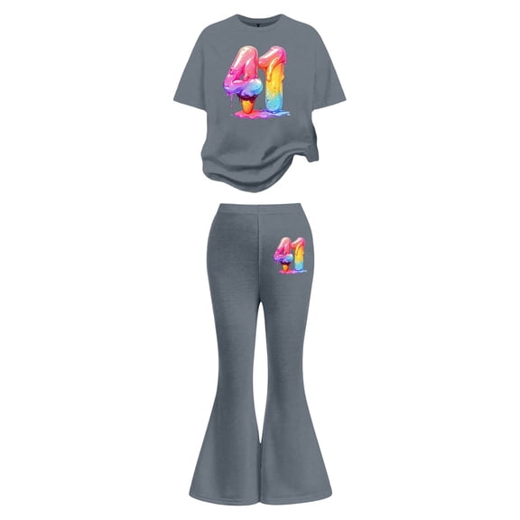 Girls Summer 2 Piece Outfits Floral Cute Short Sleeve and Casual Pants Kids Clothing Set Grey Size 11-12 Years