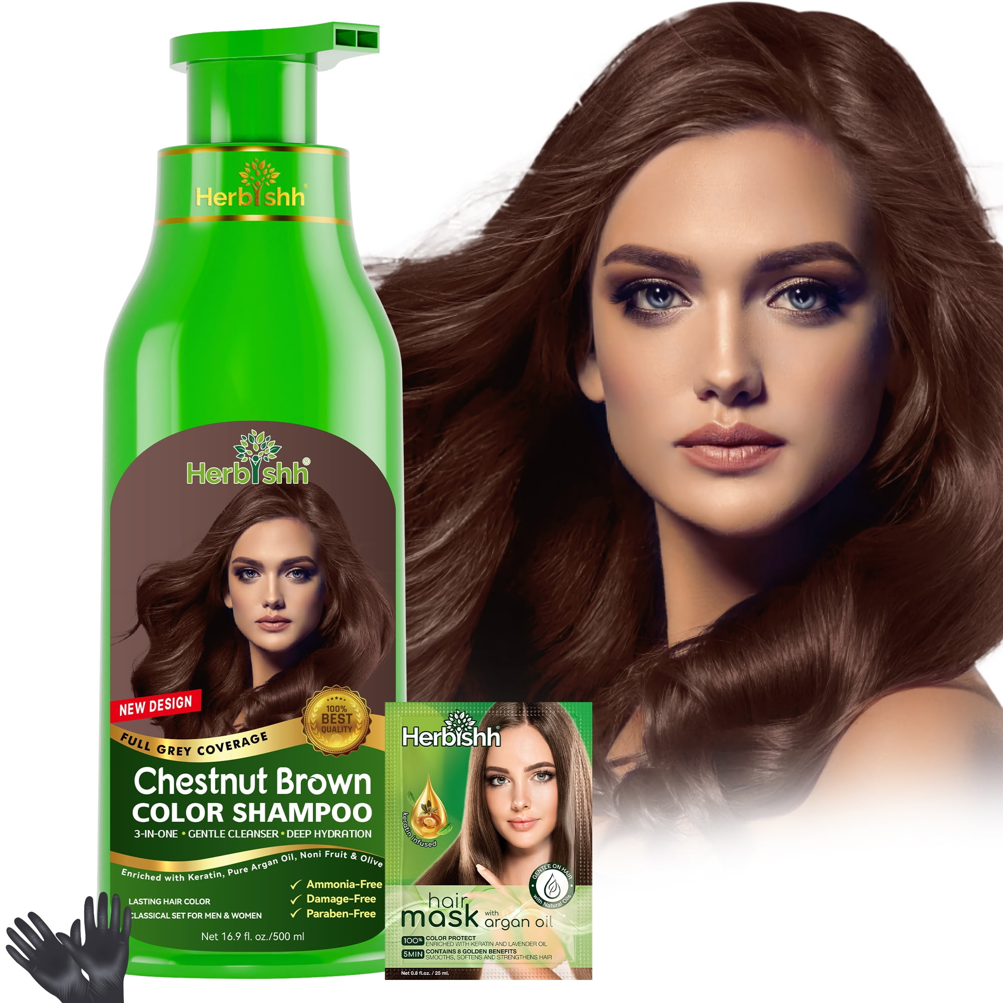 Herbishh Chestnut Brown Hair Color Shampoo for Gray Hair with Pack 2 Hair colour stain remover, Hair Dye Shampoo 3 in 1, 100% Gray Coverage, Permanent Hair Color for Men & Women, Ammonia-free, 500 ml