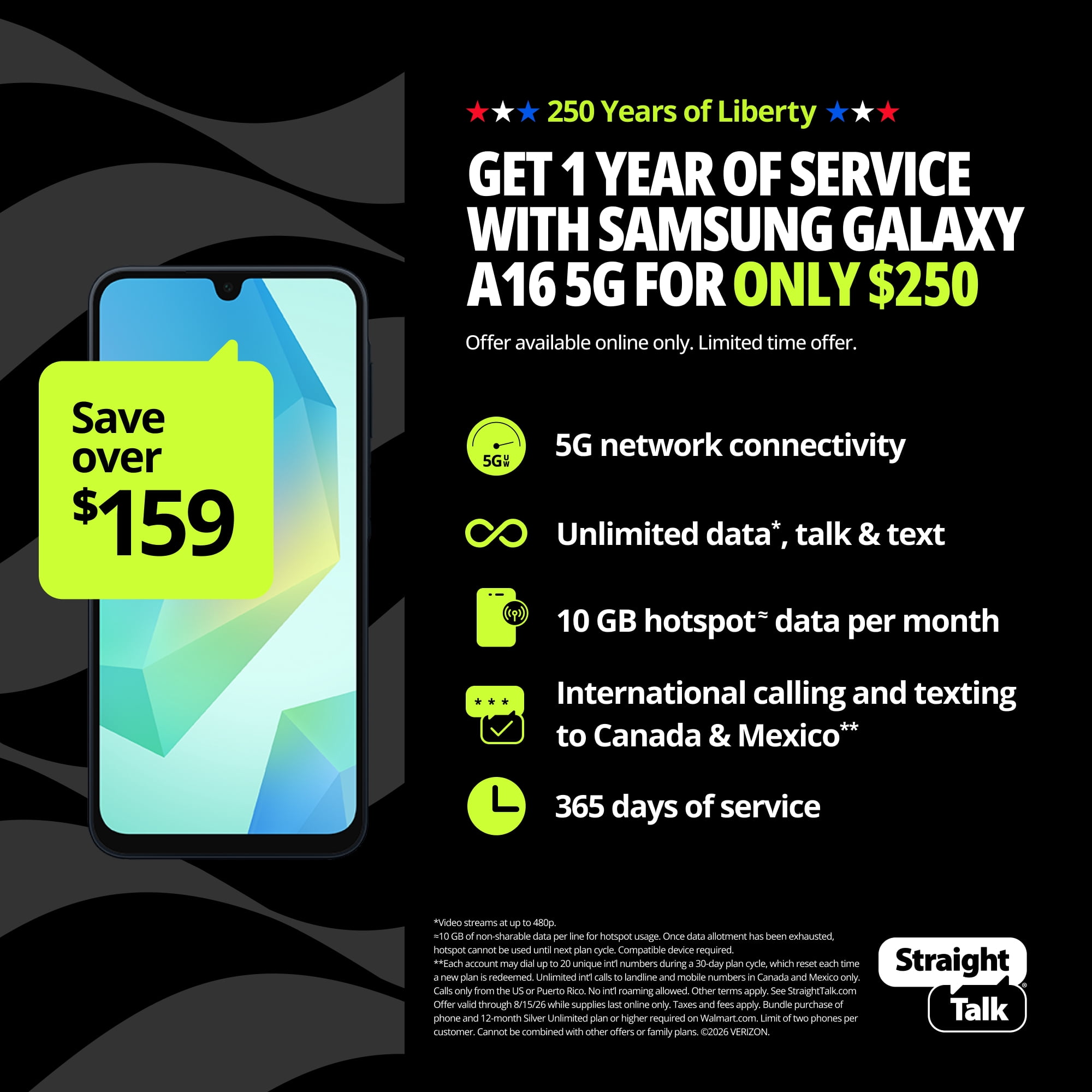 Straight Talk Samsung Galaxy A16, 5G, 128GB, Black, Includes 1 Year Silver Unlimited Service Plan - Prepaid Smartphone [Locked to Straight Talk]