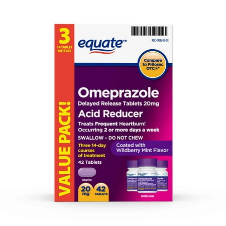(2 Pack) Equate Acid Reducer Omeprazole Delayed Release Wildberry Mint Tablets, 20 mg, 42 Ct, 3 Pk - Treats Frequent