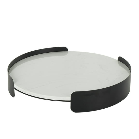 DecMode 19" x 19" White Marble Round Tray with Black Metal Frame, 1-Piece