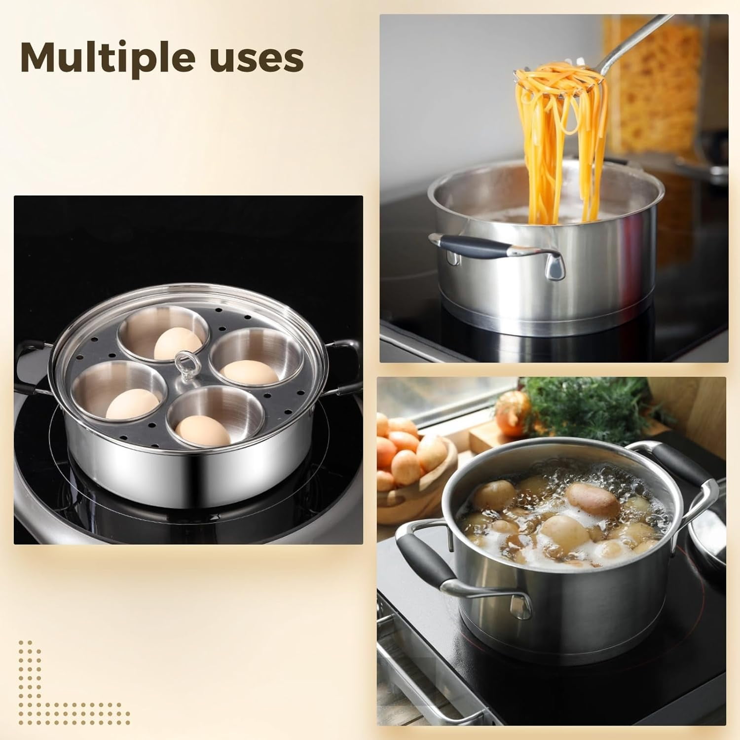 FANGNISN Egg Poacher Pan, Stainless Steel Poached Egg Maker Pan with 4 Cups Poached Egg Cooker Nonstick for Kitchen (Without Coating)