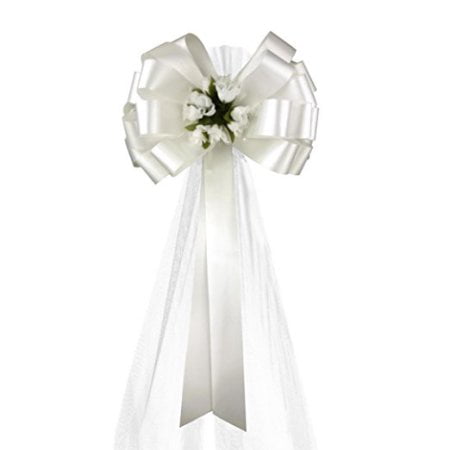 12 XL~WHITE Pull Bows~LARGE 8"~SATIN 20 LOOP~Pew Bows~Wedding~Gift Wrap 12 Pk 