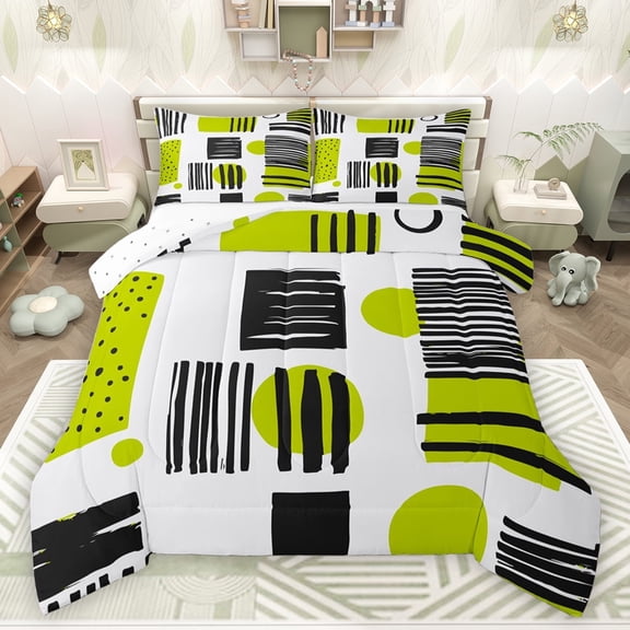 jejeloiu Vintage Striped Print Bedding Comforter Set,Modern Abstract Art Twin Comforter Sets,Green Geometric Circle Bedding Set For Kids,Luxury Bedroom Decor Reversible,2-Piece