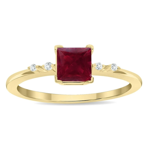 SZUL Women's Square Shaped Ruby and Diamond Sparkle Ring in 10K Yellow Gold
