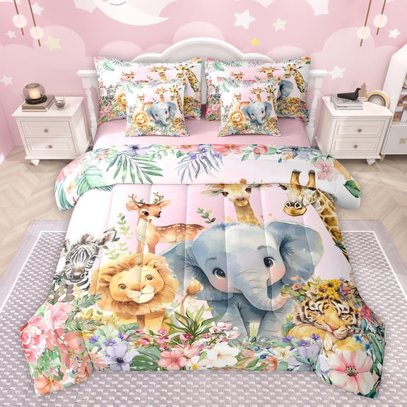 jejeloiu Zoo Tiger Zebra 7-Piece Twin Bedding Sets,Wild Lions Elk Bedding Comforter Set,Colorful Rustic Flowers Sheet Sets For Kids,Breathable Home Decor Reversible
