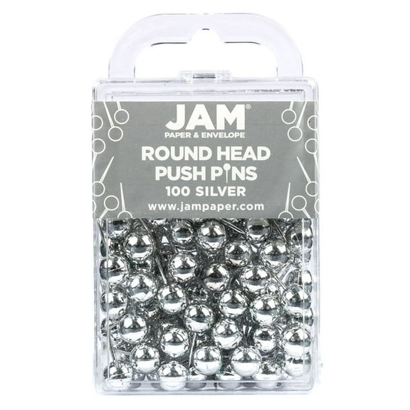 JAM Paper Round Head Push Pins, Silver Pushpins, 100/Pack
