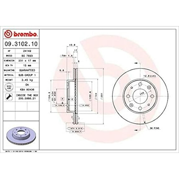 Brembo 09.3102.10 BRAKE ROTORS Fits select: 2000-2006 HONDA INSIGHT, 1987 HONDA CIVIC 1.5