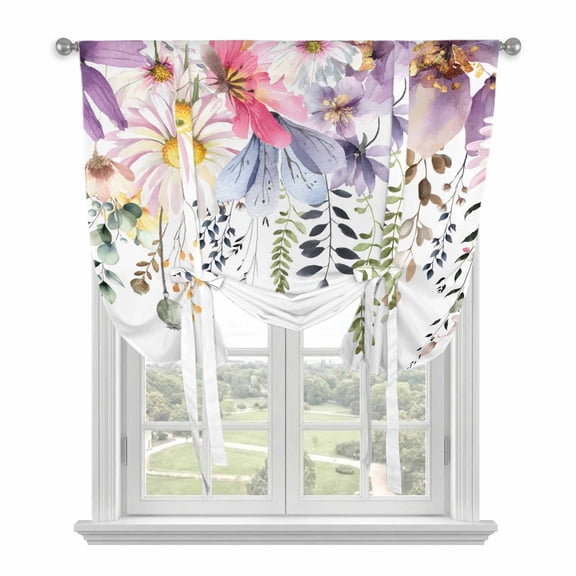 Wild Flowers Tie Up Curtains for Windows, Adjustable Balloon Window Shades, Farmhouse Country Floral Leaf Plant Kitchen Window Treatments Adjustable Roll Up Curtain for Basement/Nursery 52"x45"