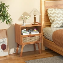 LELELINKY Nightstand with Charging Station, Farmhouse Nightstand with Drawer, Modern Bedside Table, Rattan End Table for Bedroom, Living Room, Tea Brown