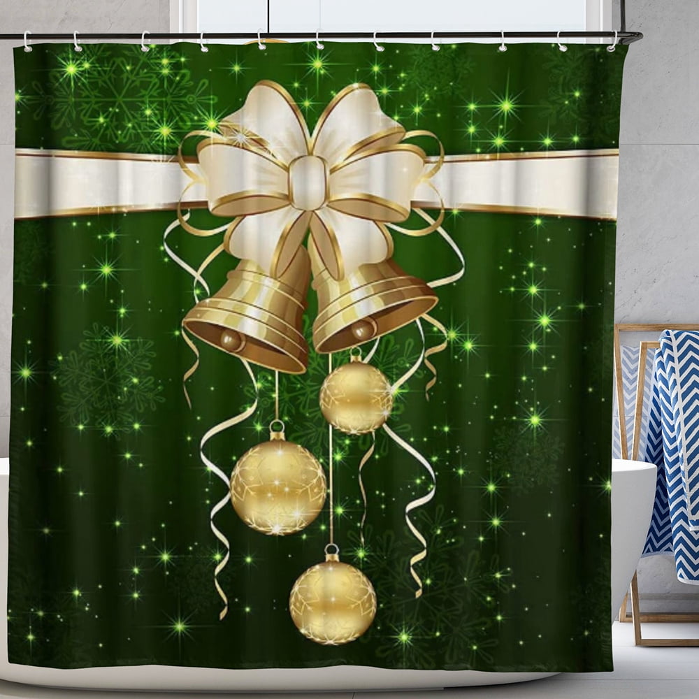 Christmas Shower Curtain for Bathroom Golden Bell Decor with Green
