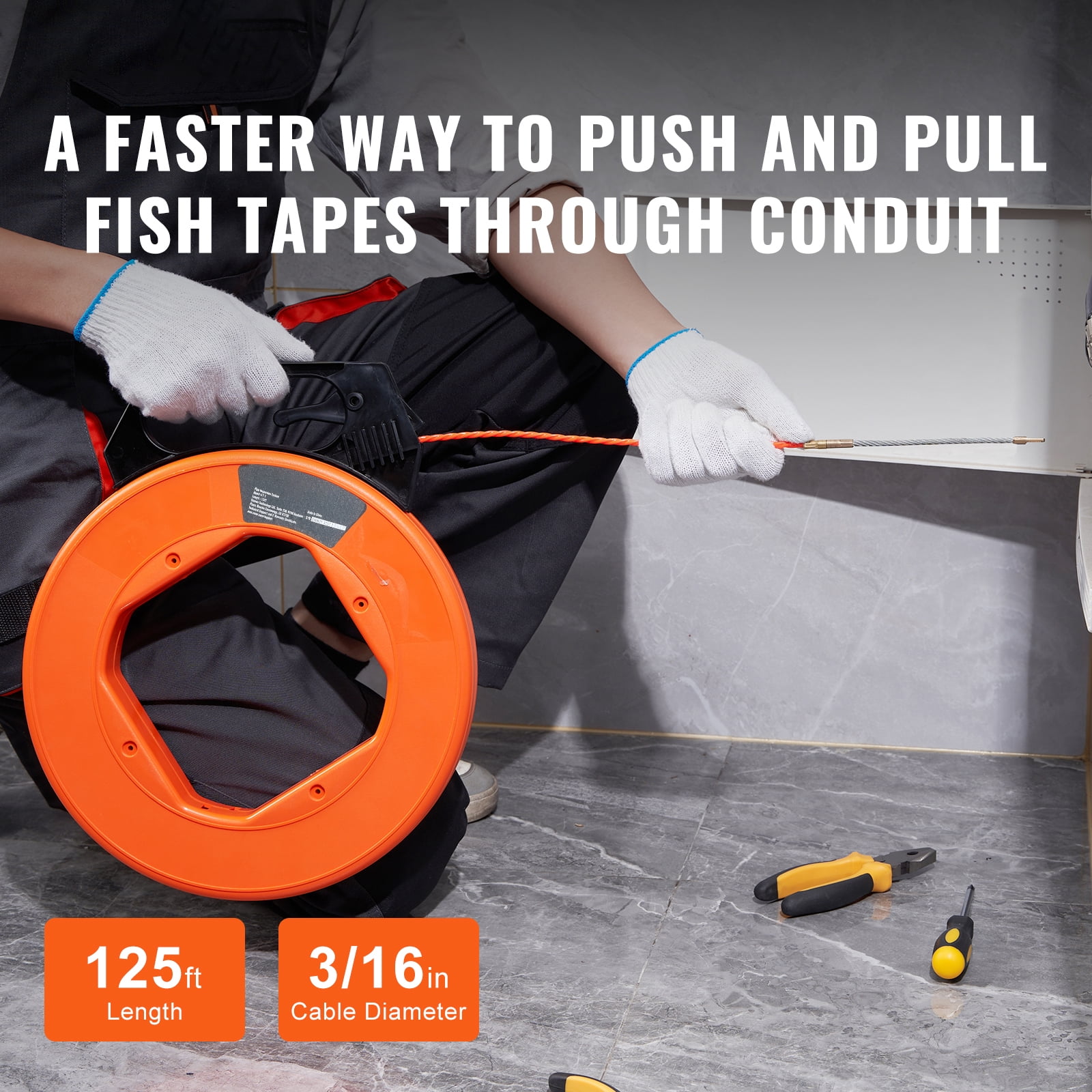 KFFKFF 125 ft PET Wire Puller, 3/16-Inch Cable Fishing Tool with Enhanced Housing and Handle, Convenient Wire Pulling Solution for Walls and Electrical Conduits, Non-Conductive Design
