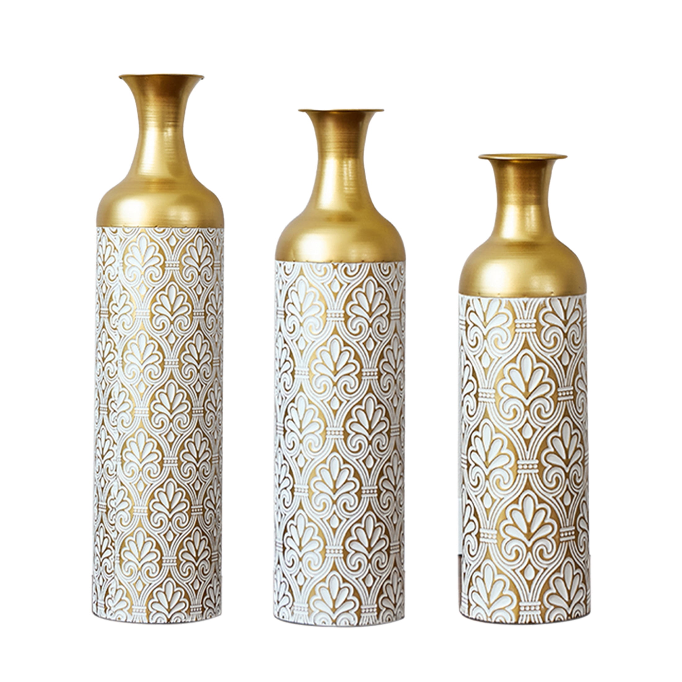 Noble House 3-Piece Metal Vase Set, Tall Embossed Decorative Cylinder Vases, Gold + White