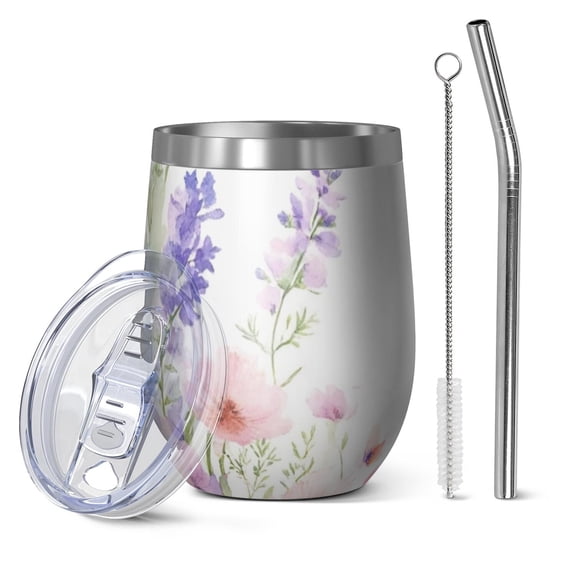 12oz Stemless Wine Tumblers Pioneer Flower and Butterfly Vacuum Insulated Stainless Steel Travel Tumbler Cups Mug with Lid and Straw for Champaign,Cocktail,Beer with Cleaning Brush