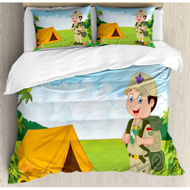 Camping Duvet Cover Set King Size, Little Boy Scout with Tent in Nature