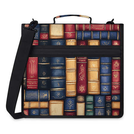 Jiaoprinted Vintage Bookshelf Zipper Binder Library Print 3 D-Ring Binder Multi-Pocket Expanding Organizer Bag with Handle and Shoulder Strap for Travel Work