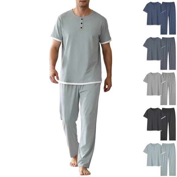 HBGVBA Mens Casual Plus Size Outfit Solid Color Crew Neck Button Short Sleeve Top Elastic Waist Long Pants Set