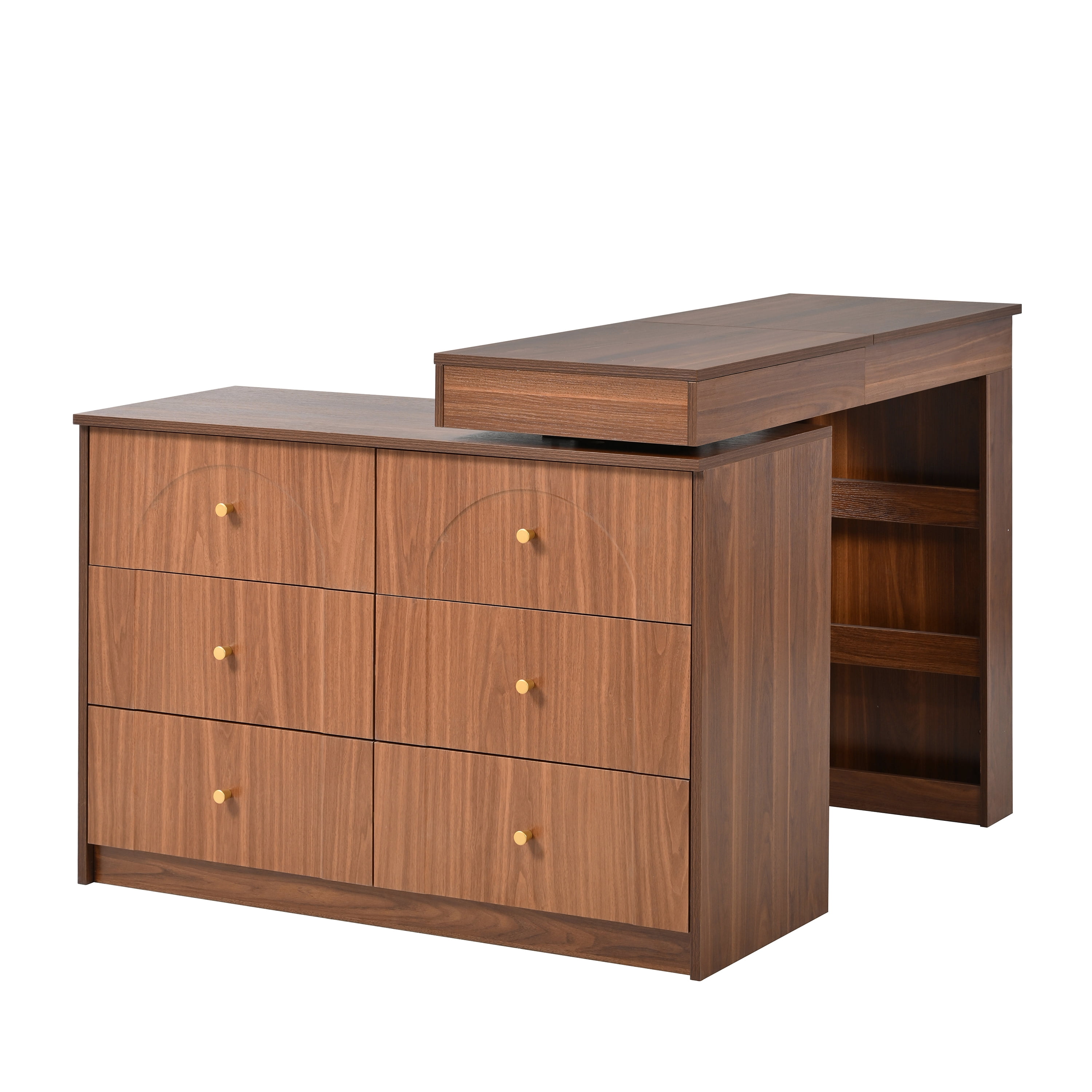 Aukfa Vanity Desk with Mirror,Flip-Top Tabletop & 7 Drawers, Corner Vanity Set, Walnut