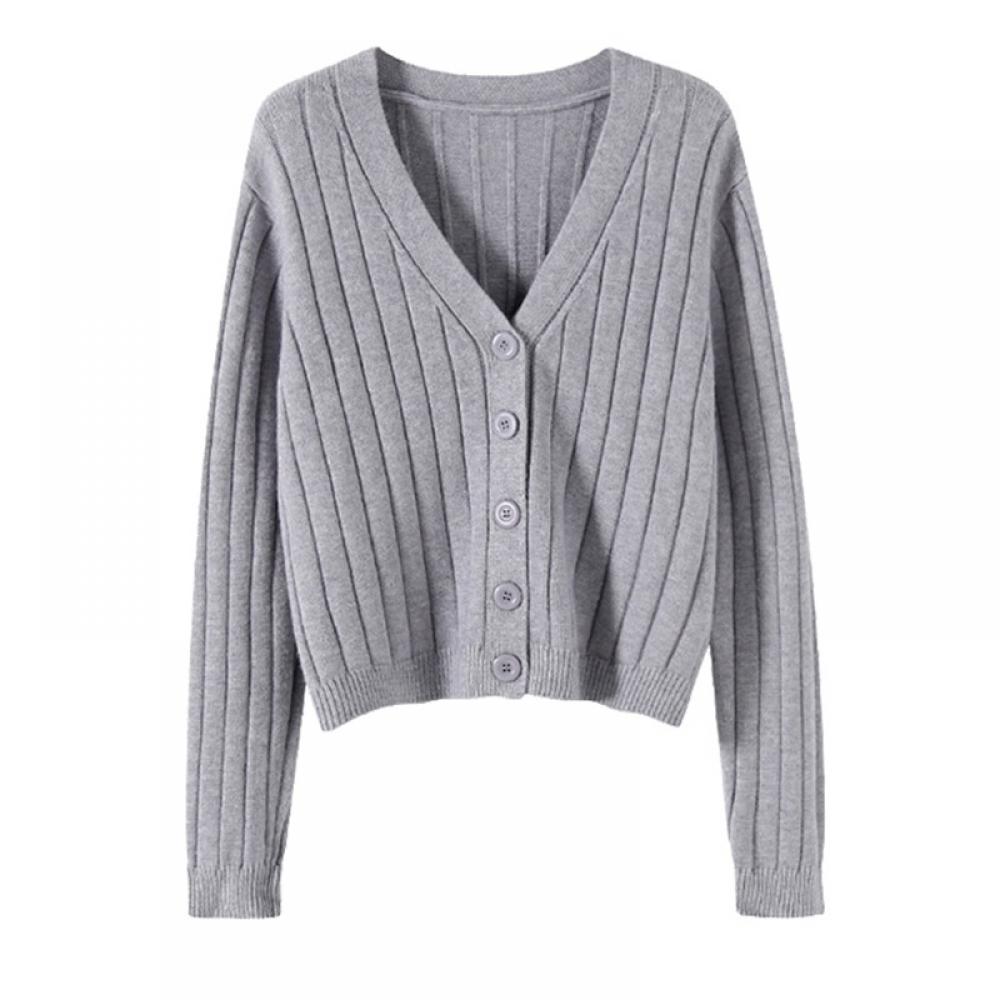 Women's Button Down Cardigan Long-sleeved Sweater V-Neck Knit Cropped Cardigans - image 1 of 2