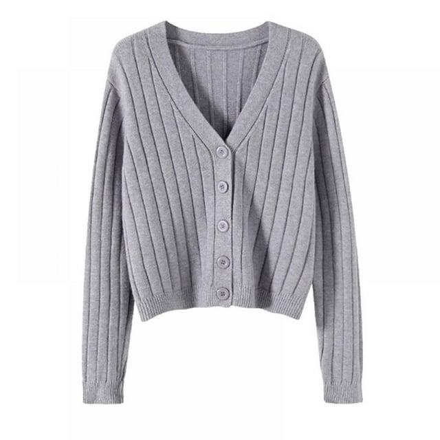 Women's Button Down Cardigan Long-sleeved Sweater V-Neck Knit Cropped Cardigans
