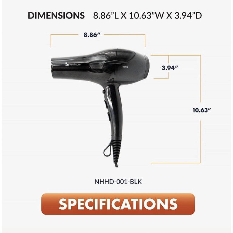 Newhouse 125V 1875W Black Ionic Tourmaline Hair Dryer with Hanging