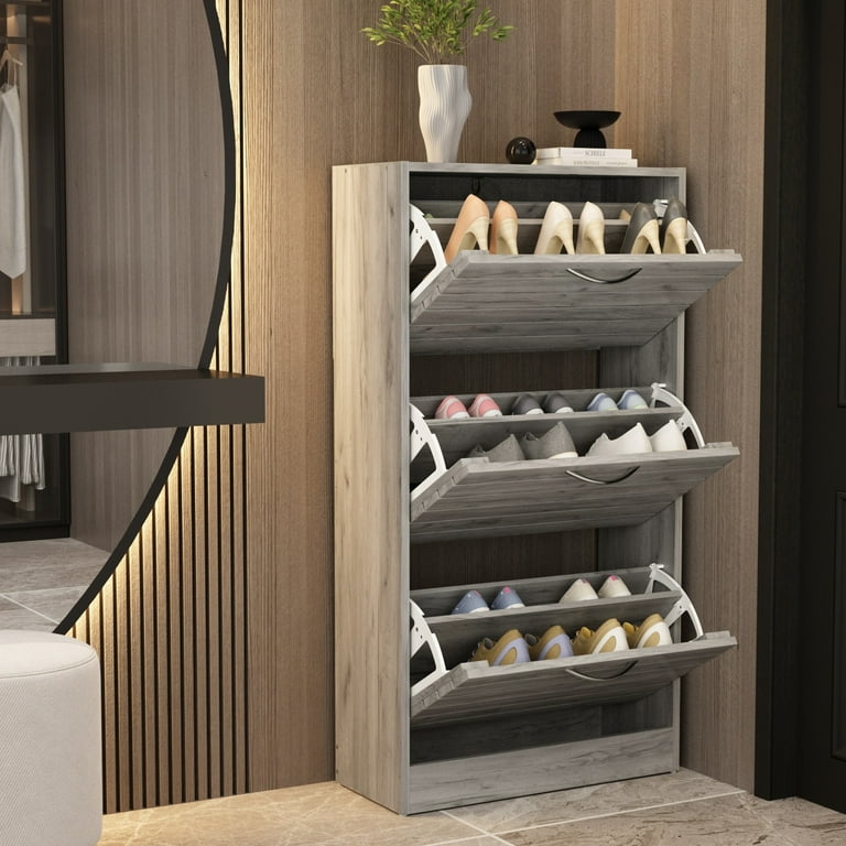 Kerrogee Shoe Cabinet Narrow Shoe Cabinet with 3 Flip Door Space Saving 3 Color Oak