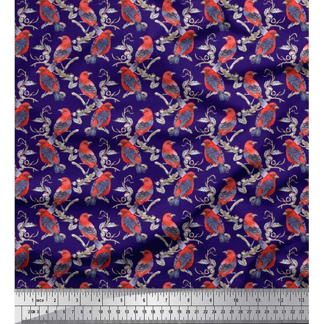 Soimoi Blue Cotton Voile Fabric Branches & American Robin Bird Print Fabric by Yard 42 Inch Wide