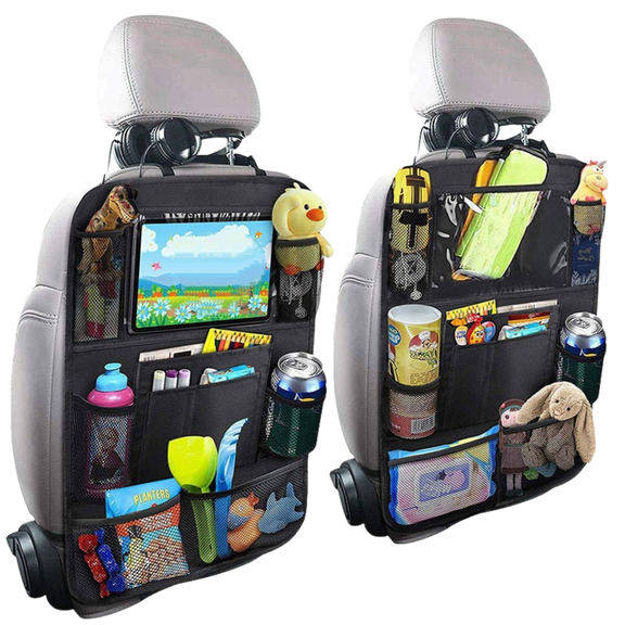 Car Backseat Organizer with 10" Table Holder, 9 Storage Pockets Seat Back Protectors Kick Mats for Kids Toddlers, Travel Accessories, 2 Pack