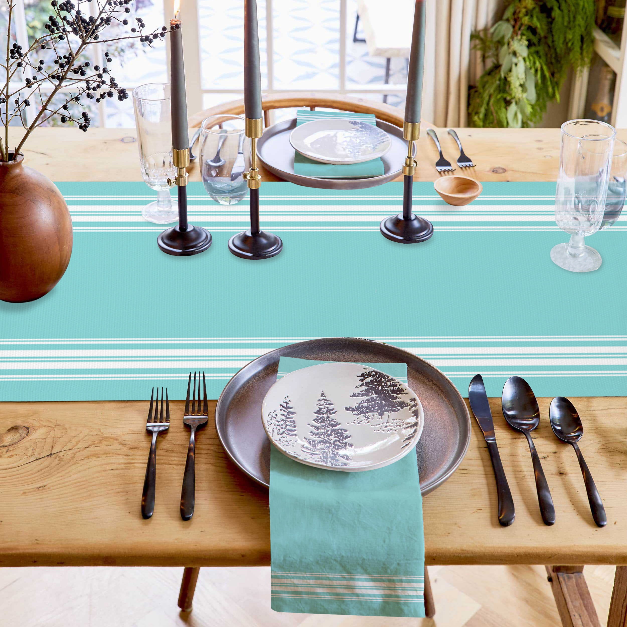 Table Runner Teal Stripes Table Decoration for Kitchen Dinning French Stripe Farmhouse Style Table Decoration for Indoor Outdoor Party Wedding Decor 13x90inch