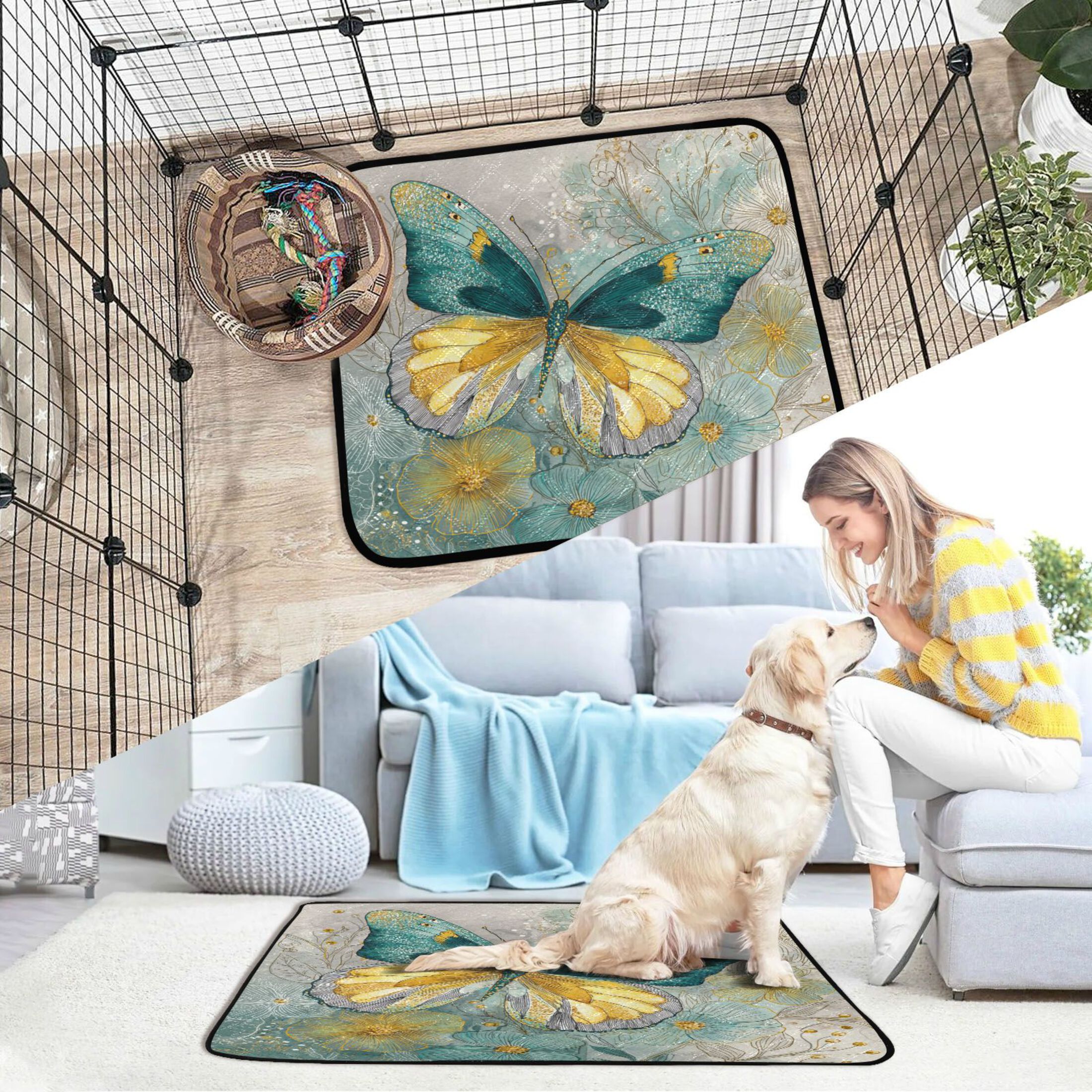 Qxltty Emerald Butterfly Cat litter Pads Pet Set of 2 Diaper Mats Center Anti-leakage Layer Absorbent Soft and Comfortable
