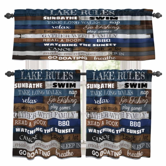 Vintage Wooden Grain Kitchen Curtains Sets for Windows 36 Inch Length, Funny Letters Words Rod Pocket Window Treatments Tier Curtains and Valances Set for Bedroom/Bathroom