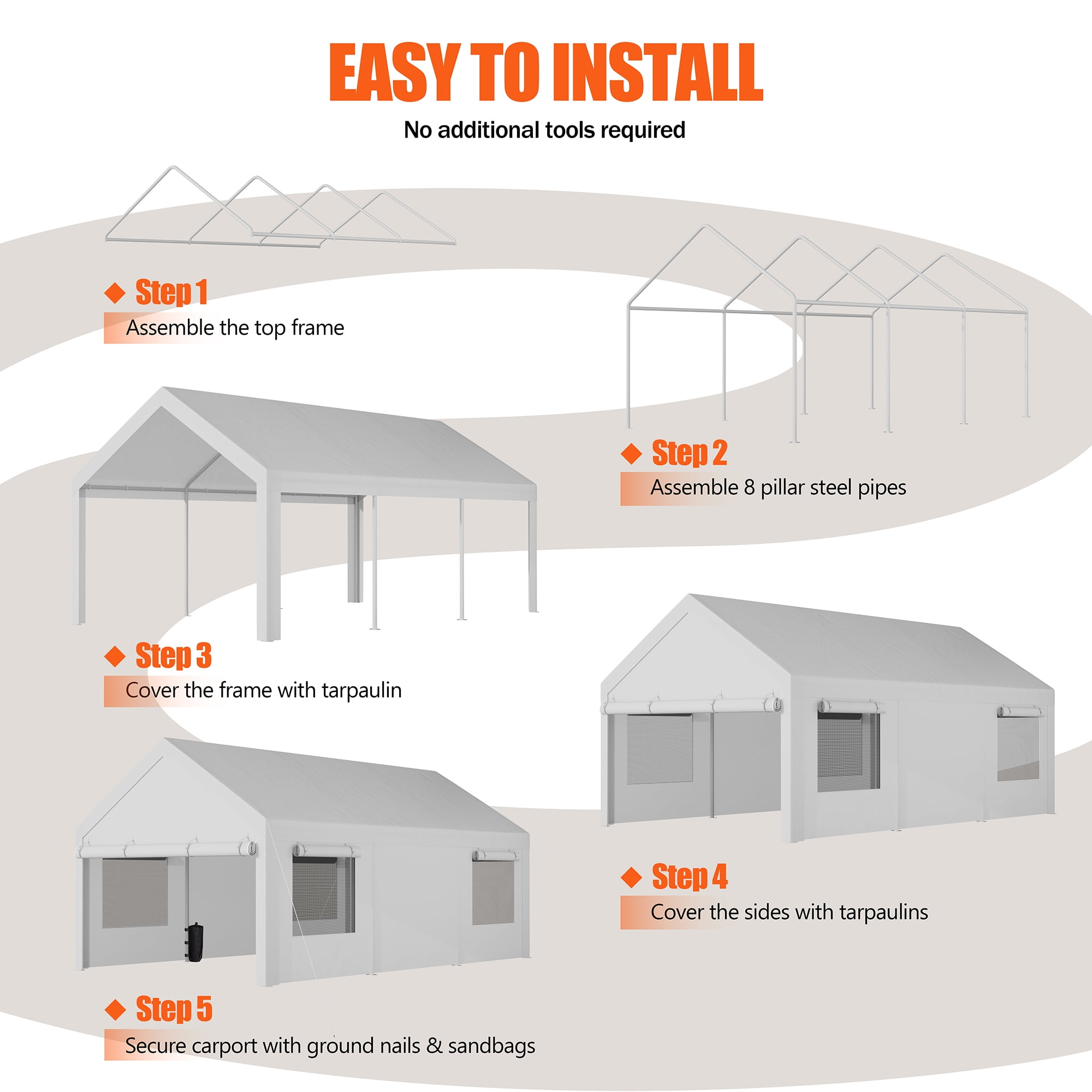 Walsunny 12x20 ft Carport with 4 Sandbags Heavy Duty Canopy with Roll-up Windows Portable Garage with Removable Sidewalls & Doors Car Canopy White