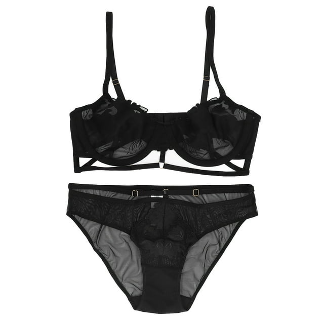 Conjunto de bralette de encaje para mujer Push Up Conjunto de sujetador bralette con correa bordada de encaje ultrafino Negro 75C