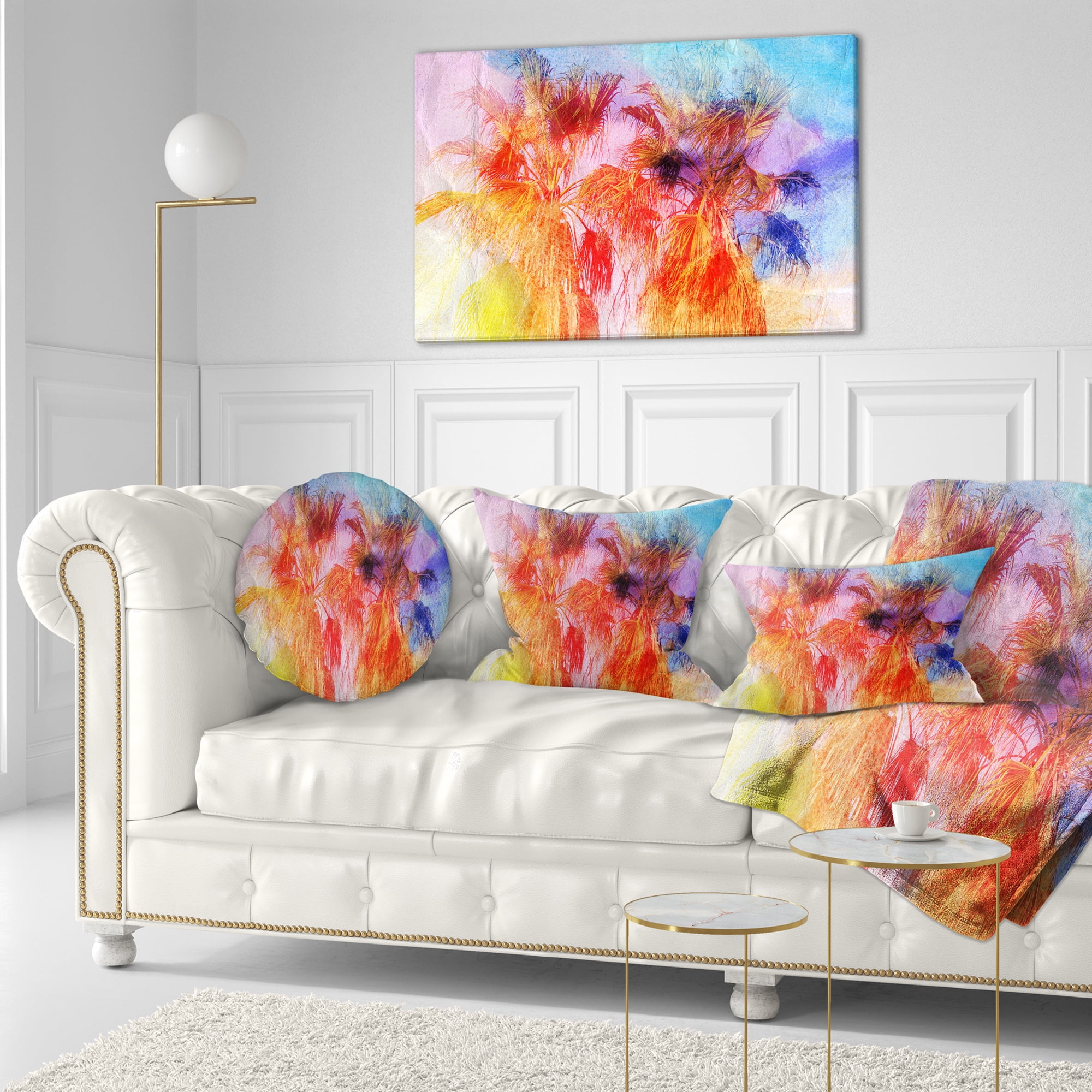 Designart Colorful Retro Palm Trees - Landscape Painting Throw Pillow - 12x20
