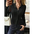 thumbnail image 4 of Women Long Sleeve Button Down Ribbed Knit Cardigan Shirt Casual Slim Fit Collared Sweater Top Black L, 4 of 8