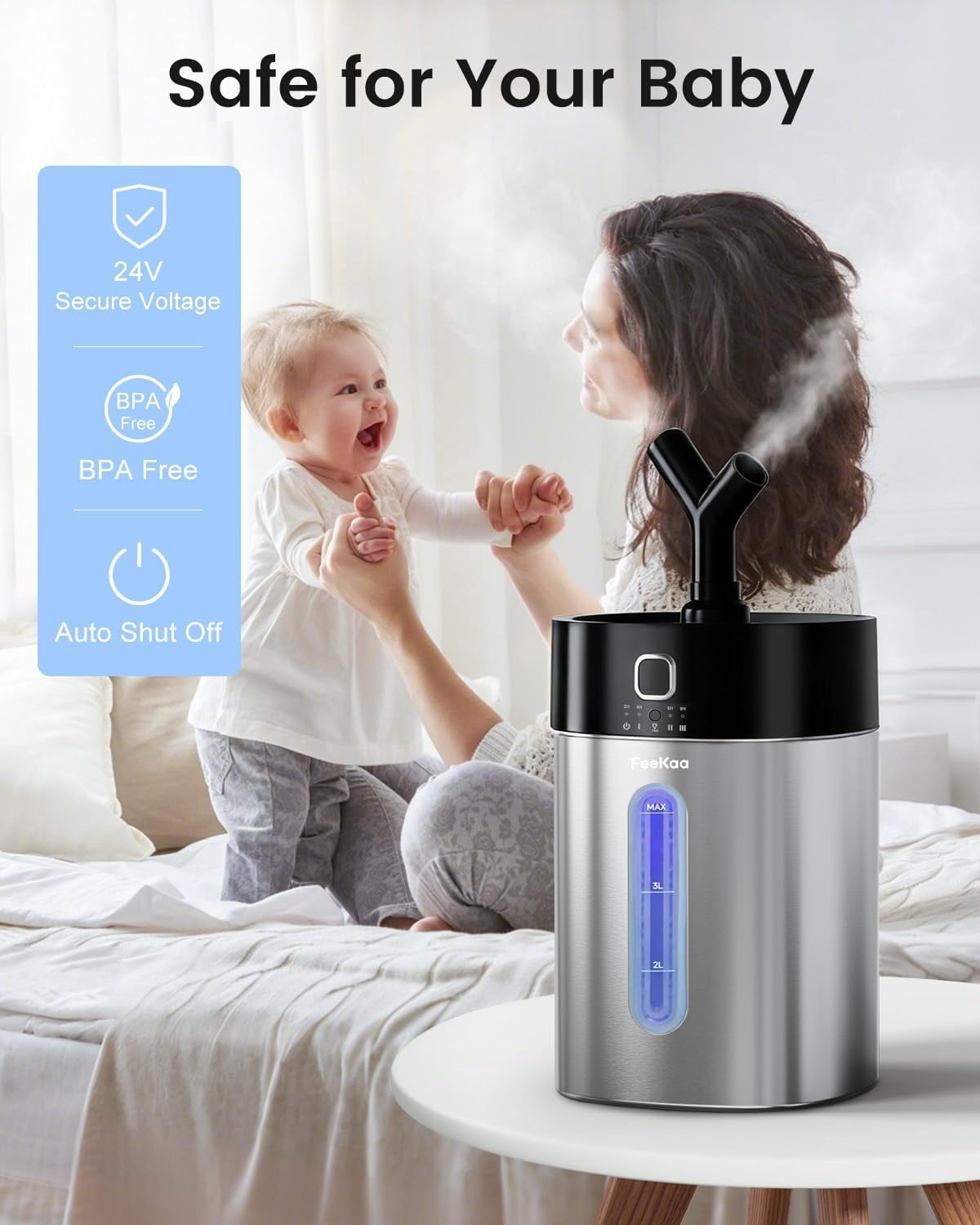 Stainless Steel Humidifier Easy Clean, 1Gal/4L Cool Mist Humidifiers for Bedroom, Dishwasher Safe Large Room, Black