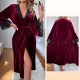 thumbnail image 2 of Arlun Velvet Lace Sleepwear Robes for Women Deep V-Neck Long Sleeve over the Knee Length Wrap Bathrobe Soft Comfy Solid Color Belted Nightgowns Loungewear Red S, 2 of 5