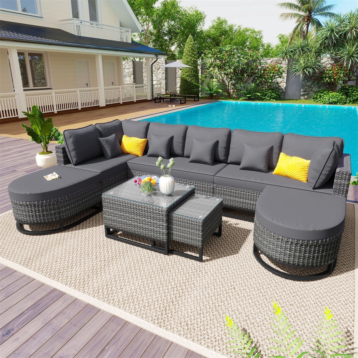 HighSound 7 Piece Patio Furniture Set, All-Weather Outdoor Wicker Sectional Conversation Sofa Rattan Patio Seating Sofa with Cushion, Glass Tables and Ottomans for Porch Poolside, Gray
