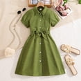 thumbnail image 2 of RUTAYY Children Girls Dress Summer Short Sleeve Casual Solid Color Button Down Cinched Waist Turndown Collar Fashion Beach Dresses, 2 of 9