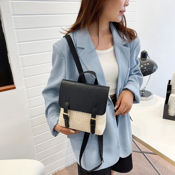 Bolsa Mochila de paja tejida Mochila de viaje para estudiantes con empalme de PU para mujer (Blanco) Ehuebsd Nuevos Originales