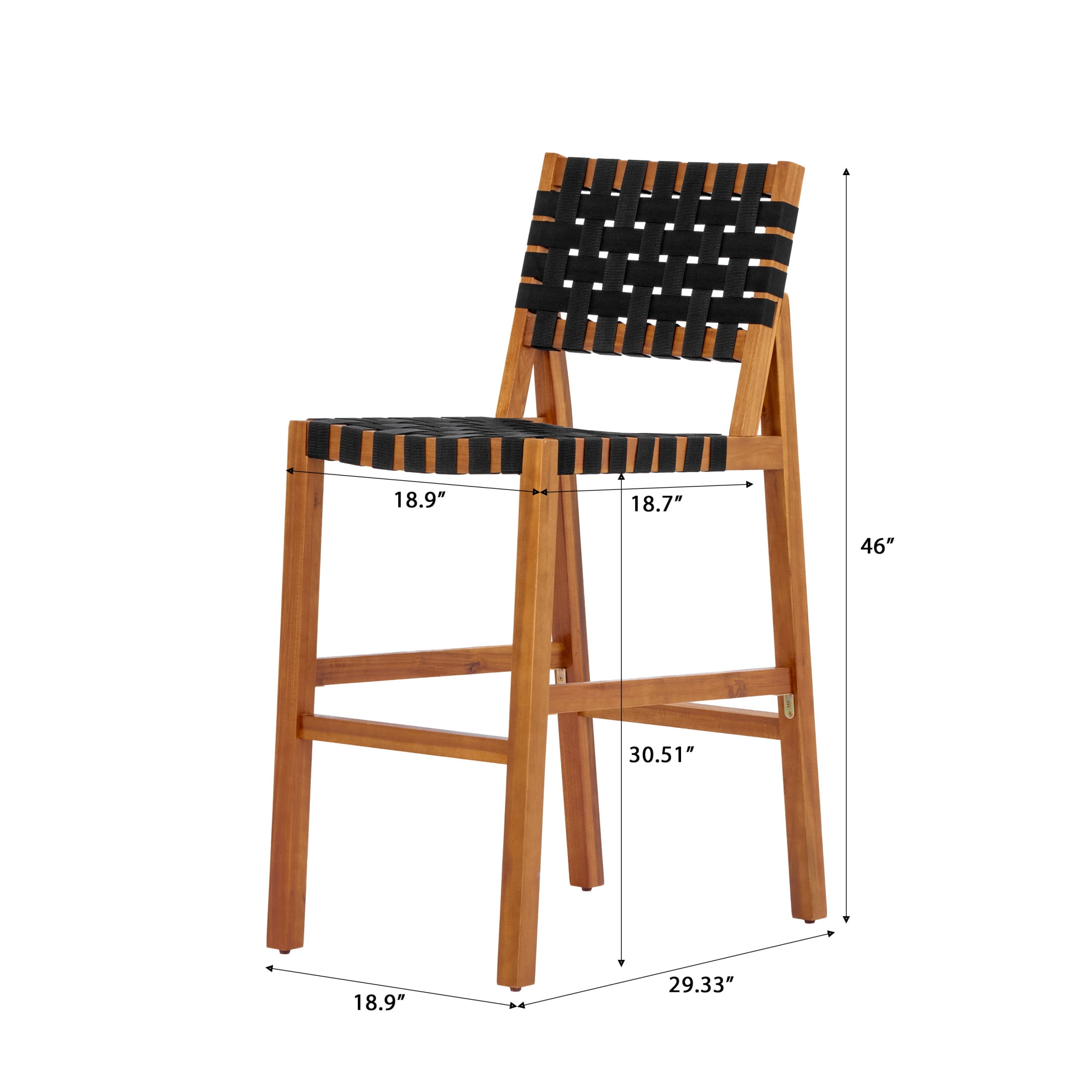 Christopher Knight Home 46"H Wooden Rope Back Outdoor Bar Height Dining Chair Set of 2, Teak+Black